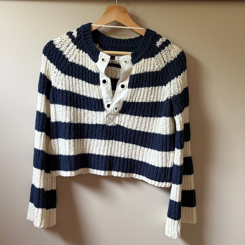 Pilcro Navy and Cream Striped Lace-Up Knit Pullover